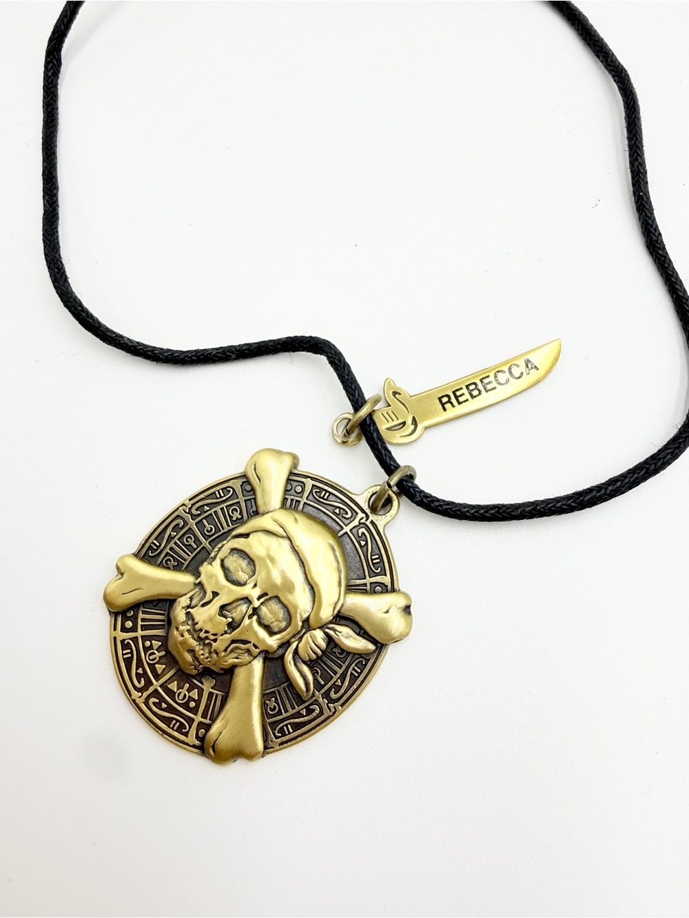 Pirate Skull Medallion Adjustable Cord Necklace with Signed Rebecca Charm - Picture 6 of 11